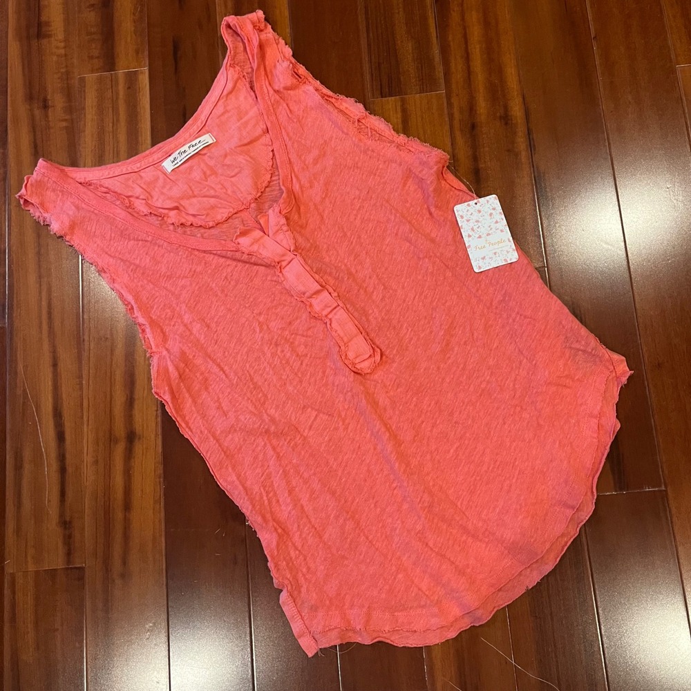 Free People Linen Tank Top We The Free Pixie Henley Coral Pink Orange New Large